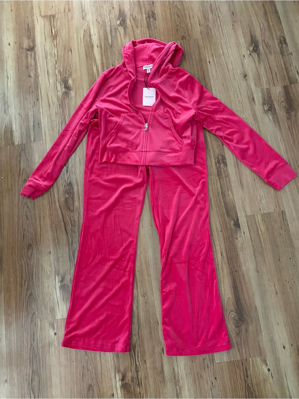 Juicy Couture Women’s Vixen Pink Rhinestone Logo Velour Hoodie & Joggers Sz L - Picture 2 of 11